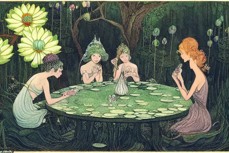 Prompt: a group of gracious fairies! playing cards on a table in an atmospheric moonlit forest next to a beautiful pond filled with water lilies, artwork by ida rentoul outhwaite