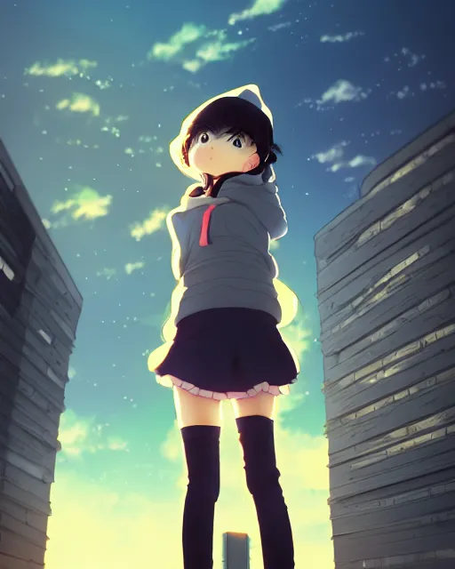 Image similar to anime visual, portrait of a young black haired girl wearing hoodie sightseeing above the city, guardrail, cute face by yoh yoshinari, katsura masakazu, dramatic lighting, dynamic pose, dynamic perspective, strong silhouette, ilya kuvshinov, anime cels, rounded eyes, moody