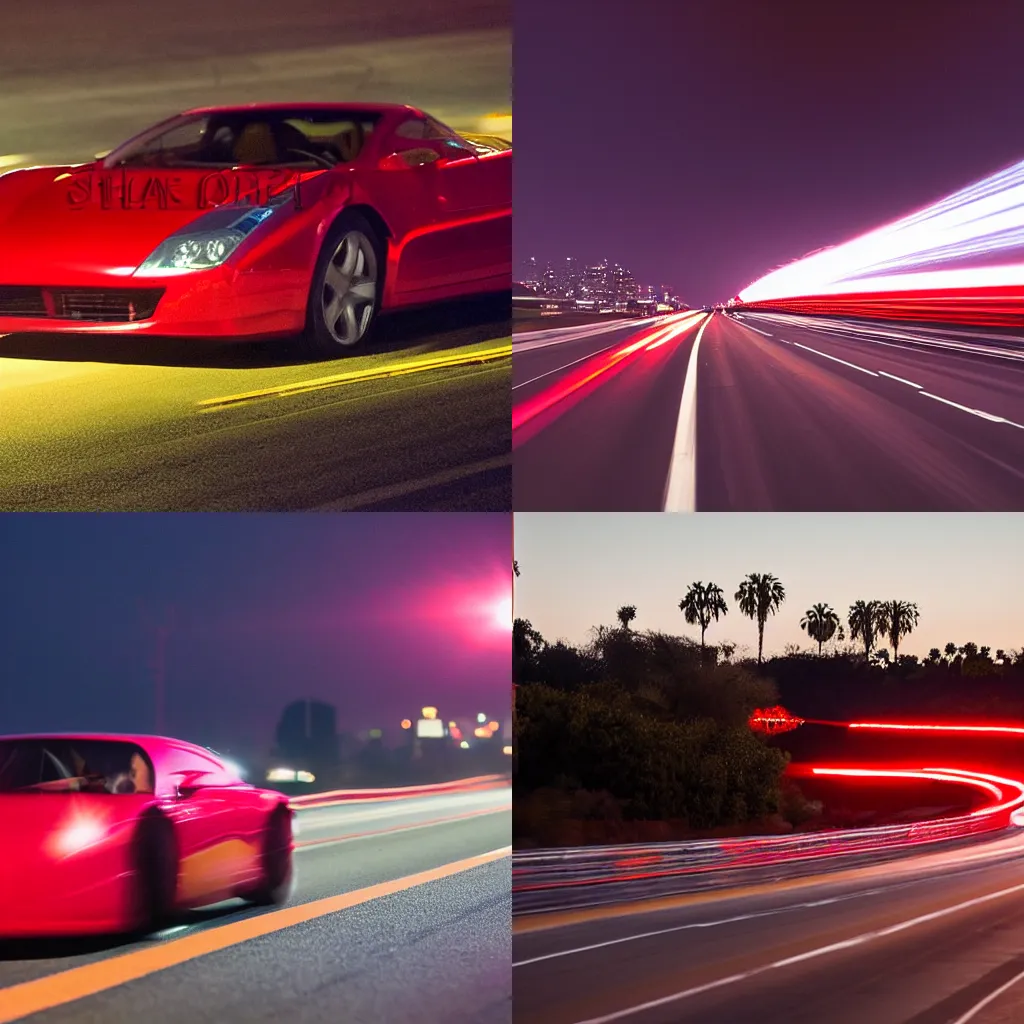 Prompt: red sovjet car with bright headlights on the american highway in los angeles during dawn