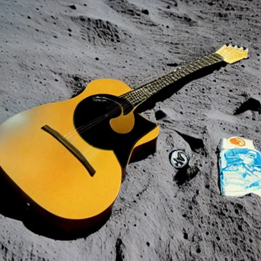 Prompt: photo of an idle electric guitar and a beer can sitting on the moon surface