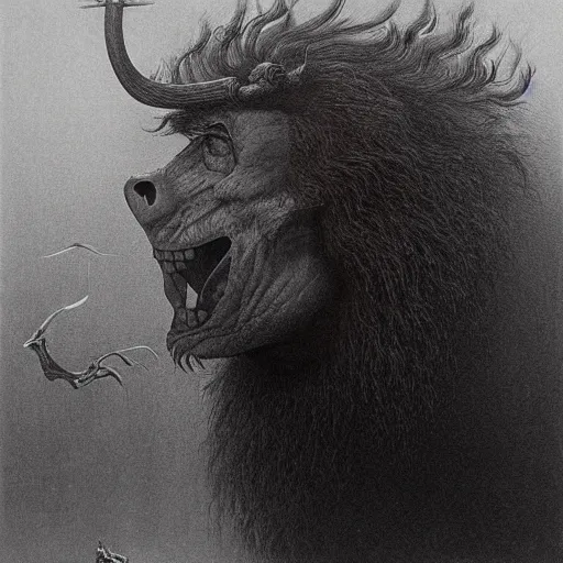 Image similar to a creature with the body and eyes of a man, with the beak of an eagle, the mane of a lion, and the horn of an ox. drawn by zdzislaw beksinski