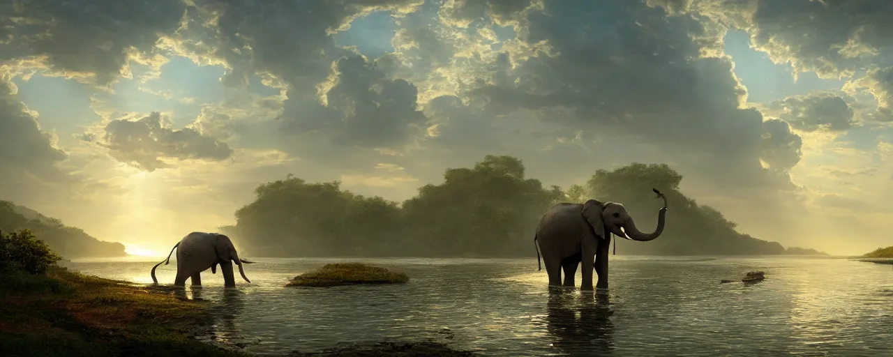 Image similar to an elephant taking bath in the river, beautiful dynamic lighting, cinematic, wide angle establishing shot, extremely high detail, photo realistic, cinematic lighting, post processed, concept art, artstation, matte painting, style by frederic church, raphael lacoste, unreal engine 8 k