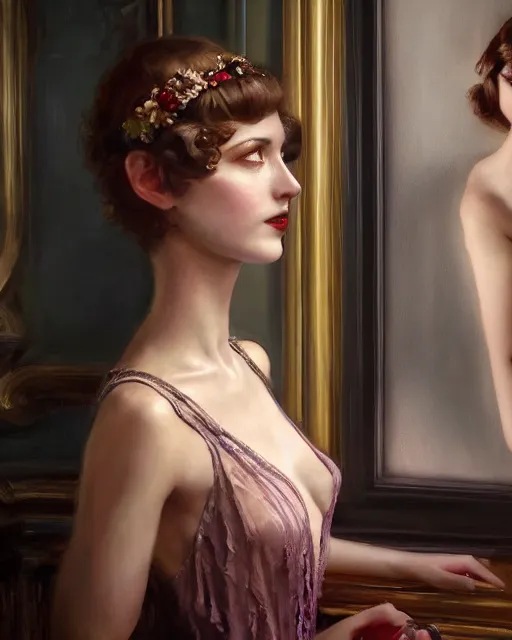 Prompt: daniel gerhartz and artgerm portrait digital realist painting of a 1 9 2 0 s beautiful woman at a party in a mansion, mansion interior in the background, unreal engine, hyper realism, realistic shading, cinematic composition, realistic render, octane render, detailed textures, photorealistic, ultrawide shot, 3 5 mm film