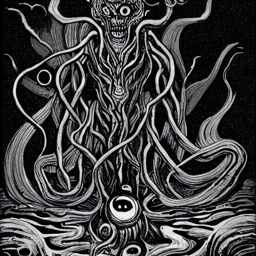 Prompt: cosmic horror eldritch monsters lurking in the darkness by h.p. Lovecraft