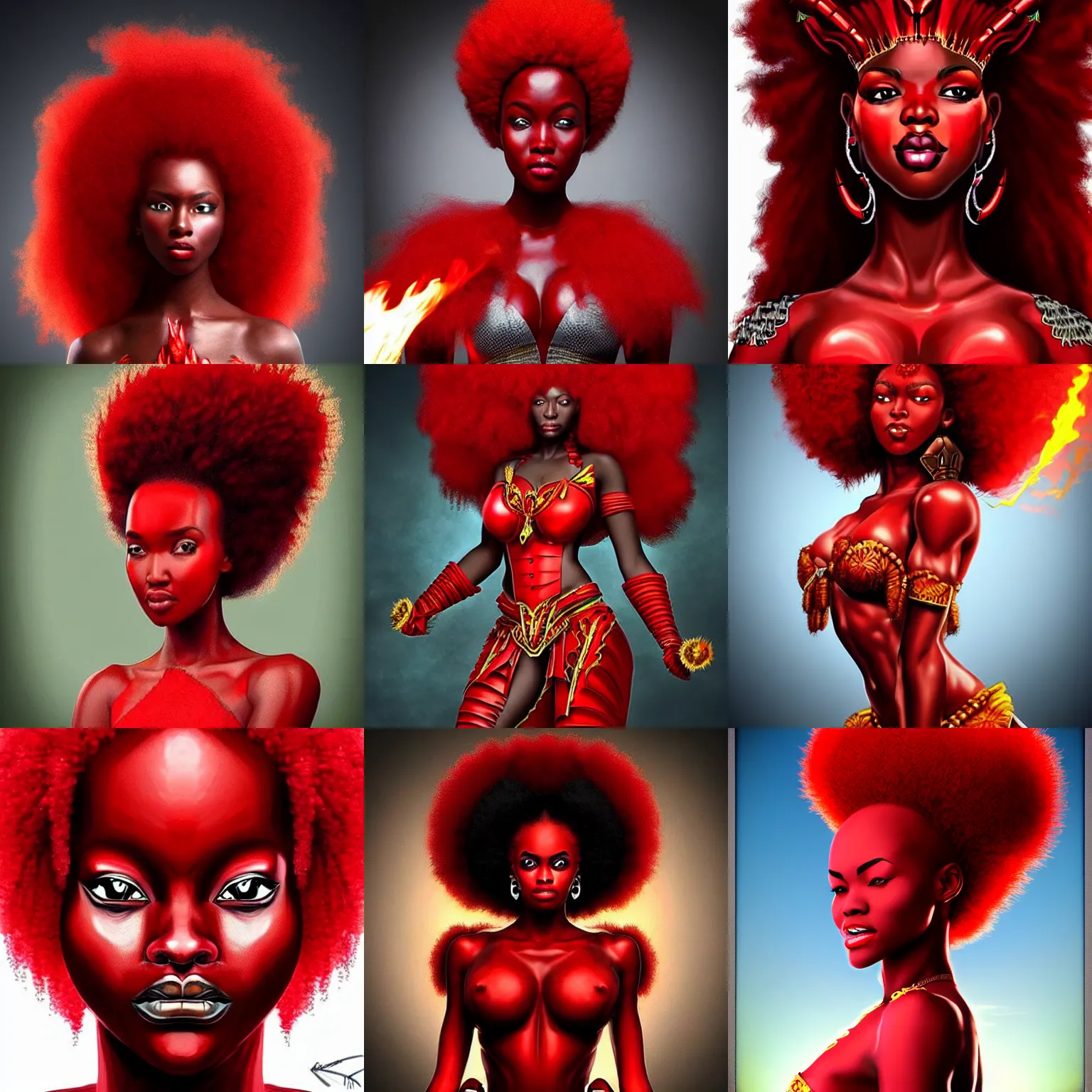 Prompt: african queen wearing red demon armor. red afro on fire, beautiful face, inspired by artgerm