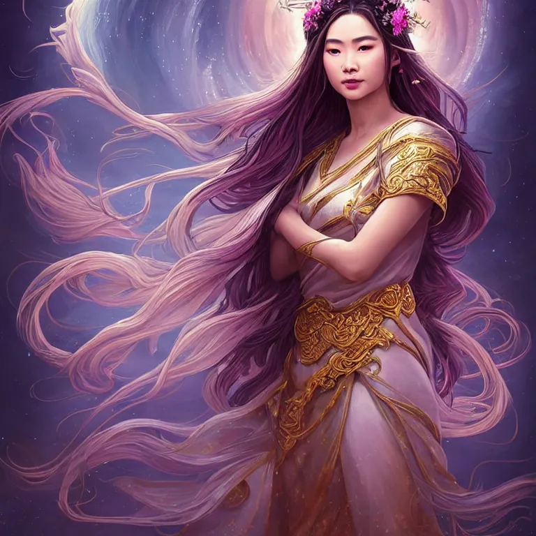 Image similar to beautiful cinematic fantasy poster, a beautiful vietnamese goddess wearing a long flowy ao yai with enbroidered flowers with flowing illuminated hair, beautiful glowing galaxy eyes, wideshot ultrawide angle epic scale, hybrid from The Elden Ring and art direction by Darius Zawadzki ;by artgerm; wayne reynolds art station; cinematic quality character render; low angle; ultra high quality model; production quality cinema model;