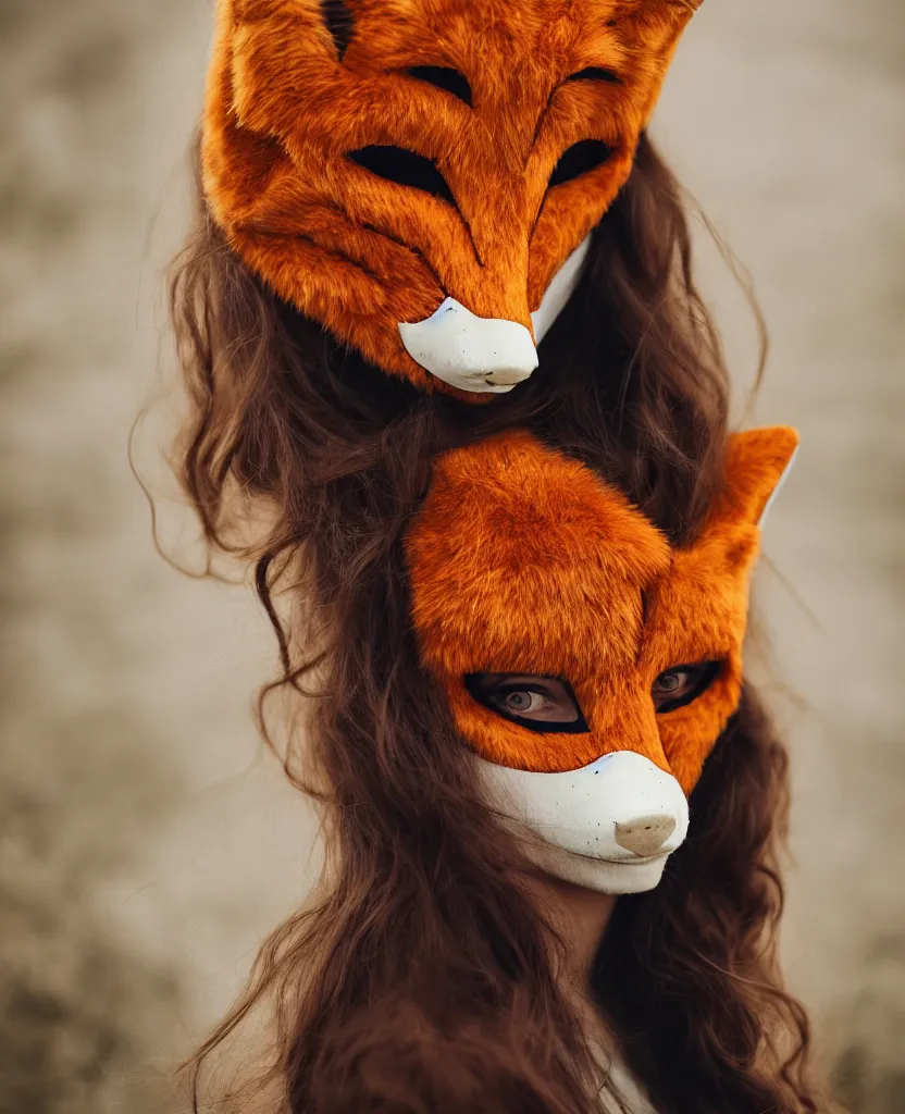 Image similar to a head and shoulders portrait of a beautiful woman wearing a fox mask, long flowing hair, by Nina Masic, by Flora Borsi, by Ilya Kuvshinov, 50mm f/1.4, bokeh, kodak ektar