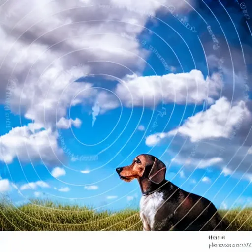 Prompt: grey, elderly wire-haired dachshund flying in heaven, floating in the sky, blue sky, surrounded by beautiful white clouds, heaven landscape