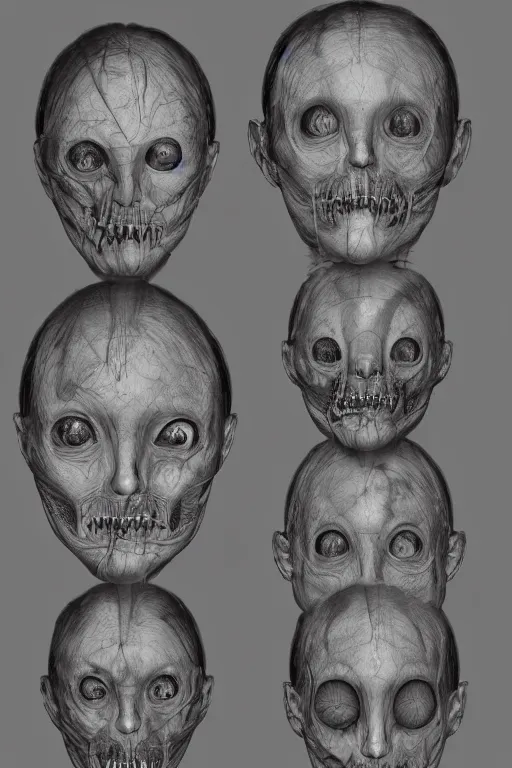 Image similar to french facial anatomy with gunmetal grey skin, medical anatomy, very symmetrical face, highly detailed, three - perspective / three - view reference sheet ( front / back / side ), in the style of dan ouellette, steven jung, amanda lilleston, hr giger, sil from species, dren from splice, mecha, artstation, unreal engine