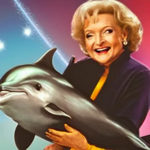 Prompt: betty white riding a dolphin in space with laser beams coming out of her eyes dual wielding lightsabers