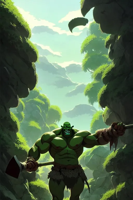 Image similar to orc barbarian male, green skin, exquisite details, big axe, earth magic, mid view, design on a white background, by studio muti, greg rutkowski makoto shinkai takashi takeuchi studio ghibli