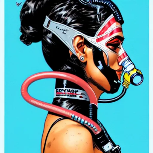 Image similar to a profile photo of a egyptian woman with a diving oxygen mask with side profile blood in ocean intricate details by MARVEL comics and Sandra Chevrier-C