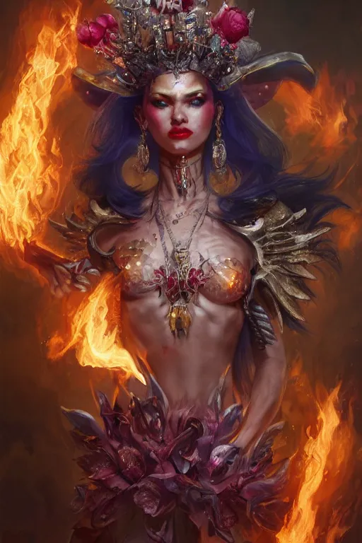 Image similar to beautiful demon model wearing crystal crown full of jewels and blood electricity, warhammer, cyberpunk, 3 d render, hyper realistic detailed portrait, holding fire flowers, scifi, fantasy, hyper detailed, octane render, concept art, peter mohrbacher, artgerm, ruan jia, wlop