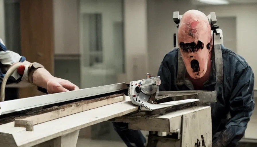 Prompt: Big budget horror movie about a serial killer in an office building who uses a circular saw to kill people