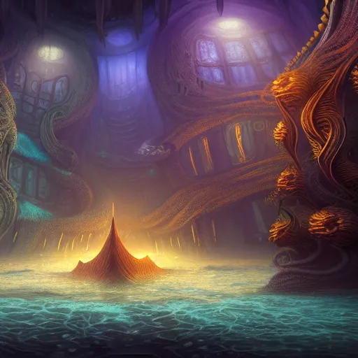 Image similar to beautiful digital fantasy illustration of an underwater city surrounded by tentacles, the forge of worlds, concept art by xul solar, two hands reaching for a fish, fractalism, high detail texture, unreal engine, 8 k, photographic quality, ultra hyper realistic quality, 8 k definiton, hyper - realistic, cinematic, cinematic lighting