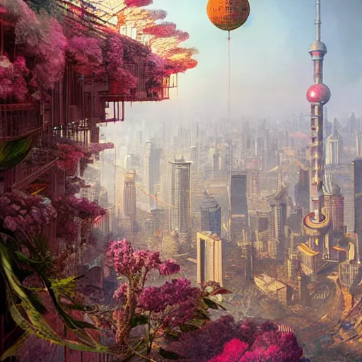 Image similar to 3 d, hyperrealism art glamorous sci - fi poster, a panoramic view of shanghai with a lot of flowers, beautiful whimsical botanical illustration, by android jones and greg rutkowski, digital matte painting, papercut art style, golden ratio