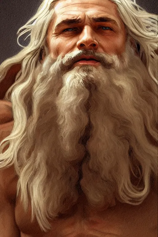 Image similar to painted portrait of rugged zeus, god of thunder, greek god, white hair, masculine, mature, handsome, upper body, muscular, hairy torso, fantasy, intricate, elegant, highly detailed, digital painting, artstation, concept art, smooth, sharp focus, illustration, art by gaston bussiere and alphonse mucha