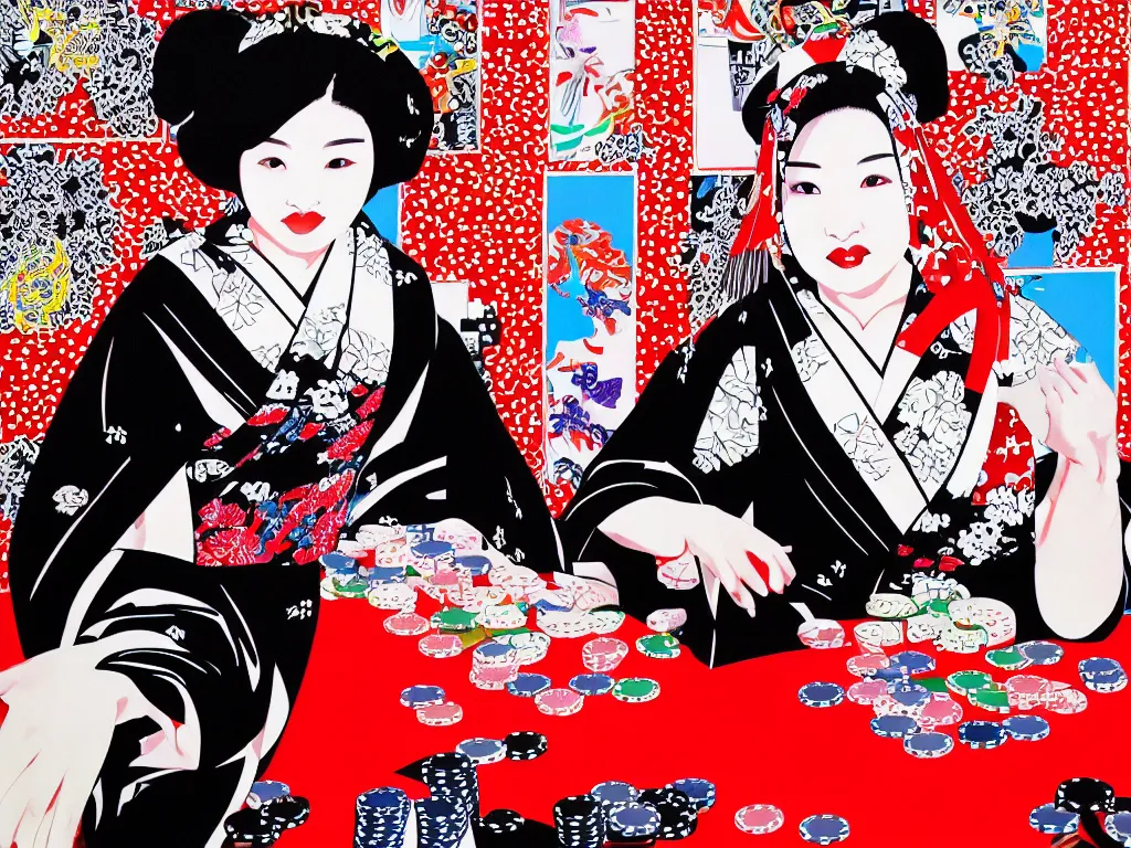 Image similar to hyperrealism composition of the detailed woman in a japanese kimono sitting at an extremely detailed poker table with darth vader, fireworks on the background, pop - art style, jacky tsai style, andy warhol style, acrylic on canvas