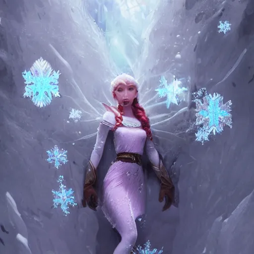 Image similar to a fantasy elf woman trapped and frozen trying to get out of a block of clear ice, with frozen flowers around her, artstation, greg rutkowski