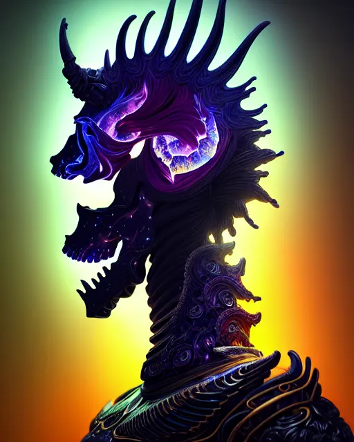 Image similar to 3 d ornate carved dark cosmic horse with profile portrait, sigma 5 0 0 mm f / 5. beautiful intricate highly detailed horse skull. bioluminescent, plasma, lava, ice, water, wind, creature, thunderstorm! artwork by tooth wu and wlop and beeple and greg rutkowski, 8 k trending on artstation