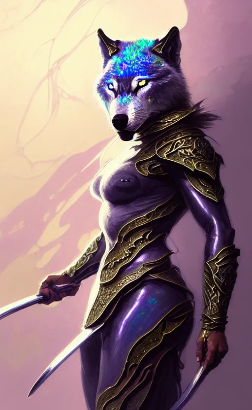 Image similar to iridescent opal ninja warrior, wolf armor, winter, morandi color scheme, hd, illustration, epic, d & d, fantasy, intricate, elegant, highly detailed, wide angle, digital painting, artstation, concept art, smooth, sharp focus, illustration, wallpaper, art by artgerm and greg rutkowski and alphonse mucha and jin xiaodi