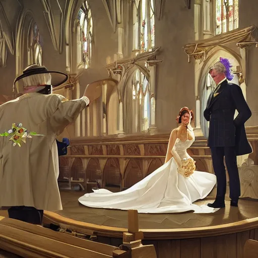 Prompt: wide shot of Colonel Sanders getting married to a chicken in a church, modern setting, intricate, elegant, highly detailed, digital painting, artstation, concept art, matte, sharp focus, illustration, hearthstone, art by Artgerm and Greg Rutkowski and Alphonse Mucha