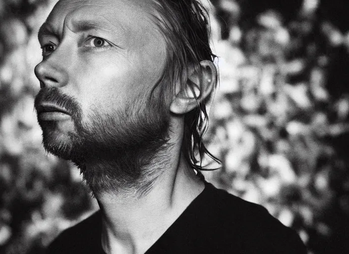 Image similar to photograph of print of thom yorke picture on a table, hyper realistic, variations of thom yorke, forest, high quality photograph, mixed styles, intricate details, diverse colors, deep emotional impact, photograph of print