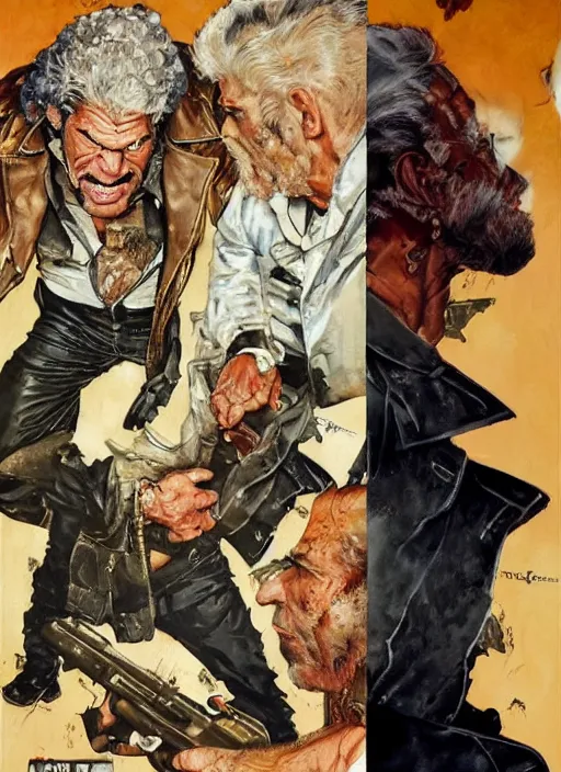 Prompt: full body and head portrait of huge ron perlman rich piana hybrid in tattered suit and trench coat, dynamic action, painted by norman rockwell and phil hale and greg staples and tom lovell and frank schoonover and jack kirby