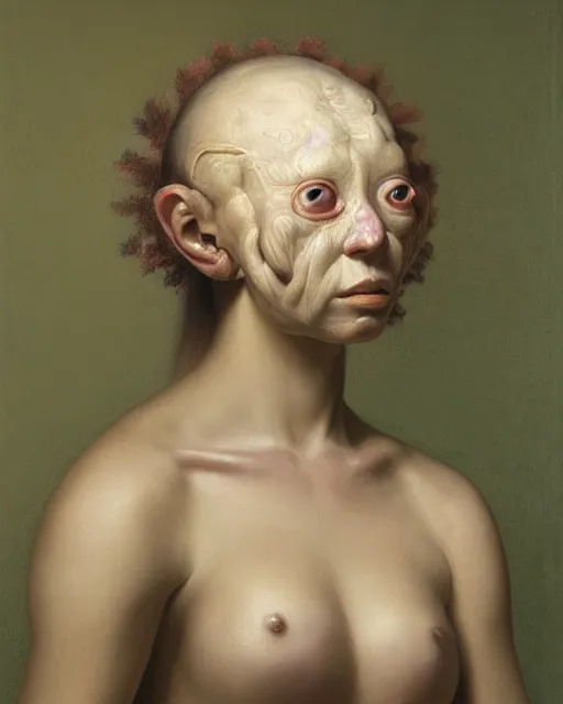 Image similar to strange, looming head, biomorphic painting of a woman with large eyes, pastel colours by, rachel ruysch, and charlie immer, highly detailed, emotionally evoking, head in focus, volumetric lighting, oil painting, timeless disturbing masterpiece