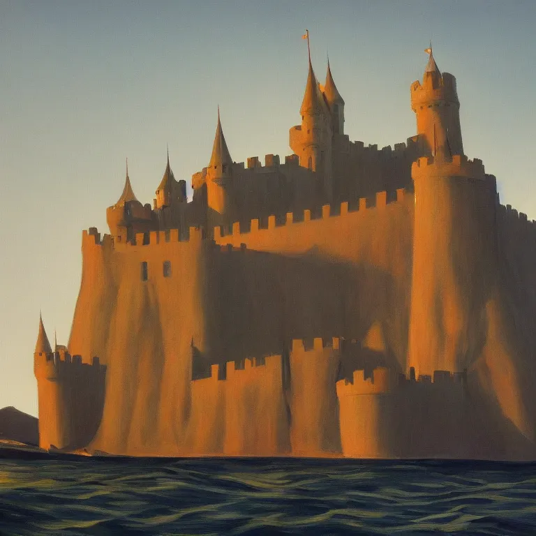 Image similar to large castle with towers by Wayne Barlow and catapults at dawn heading to the iceberg, highly detailed, painted by Edward Hopper, trending on artstation