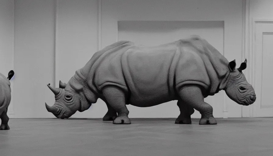 Prompt: a rhinoceros in a washy neoclassical room, by mini dv camera, very low quality, heavy grain, blurry, caught on trail cam