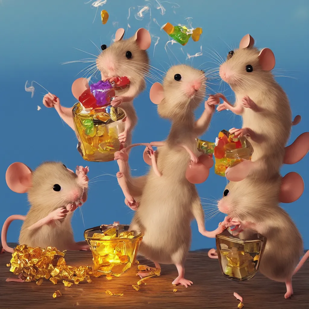 Image similar to happy mice smoking a bong and eating candy, golden hour, ultra realistic