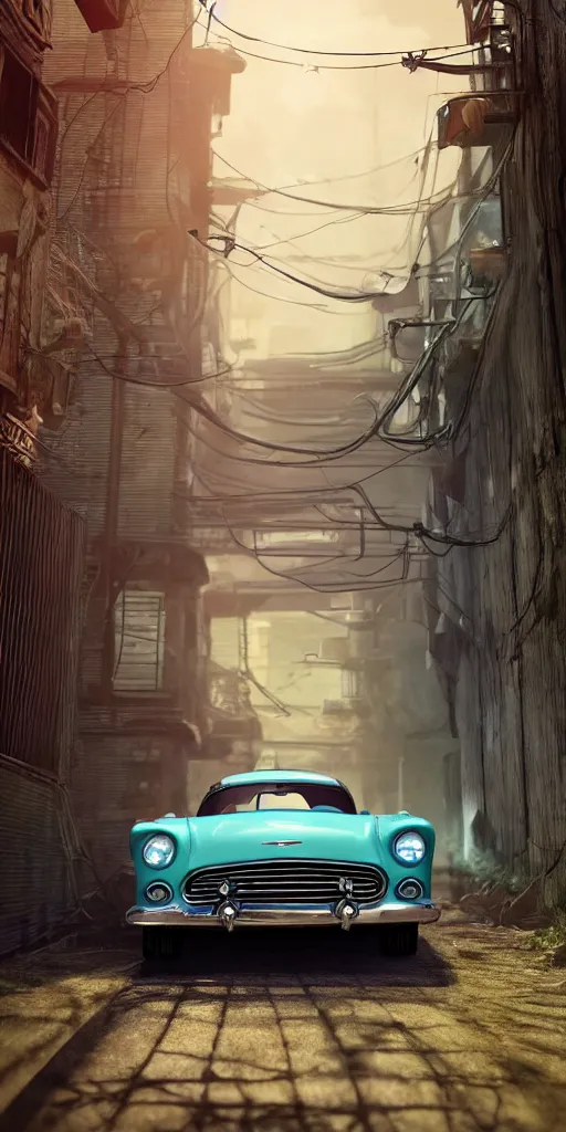 Image similar to a wholesome animation key shot of a focused old 1955 Ford Thunderbird car parked in an abandoned alleyway, medium shot, waist up, studio Ghibli, Pixar and Disney animation, sharp, very detailed, high resolution, Rendered in Unreal Engine 5, anime key art by Greg Rutkowski, Bloom, dramatic lighting