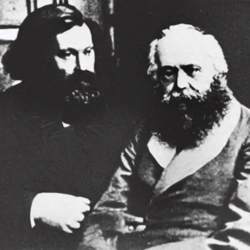 Image similar to Karl Marx and Ayn Rand lying on bed, photo, 1920