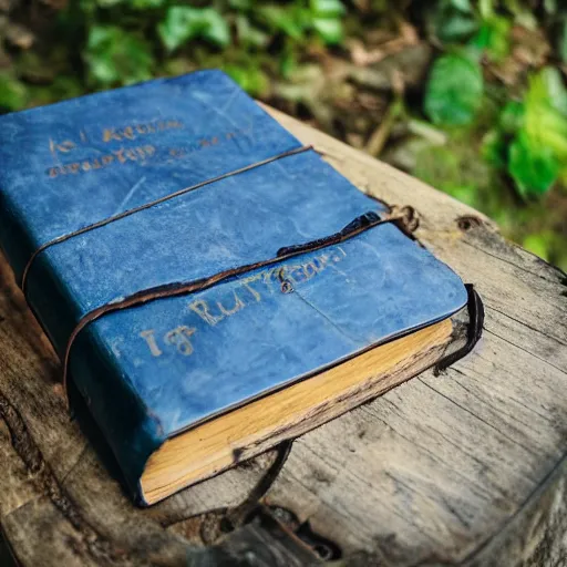 Prompt: a ancient rustic blue leather bound tome, standing open on a wooden stump in a jungle, pages showing their age, cryptic words and drawings visible, vines growing around, mystical lighting, fog, slight glow coming from inside the book