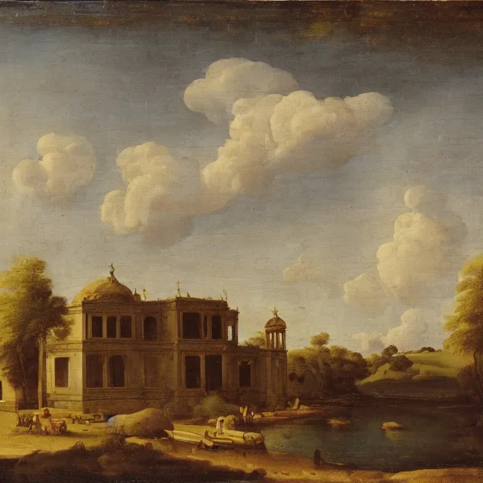 Image similar to a building in a serene landscape, baroque art