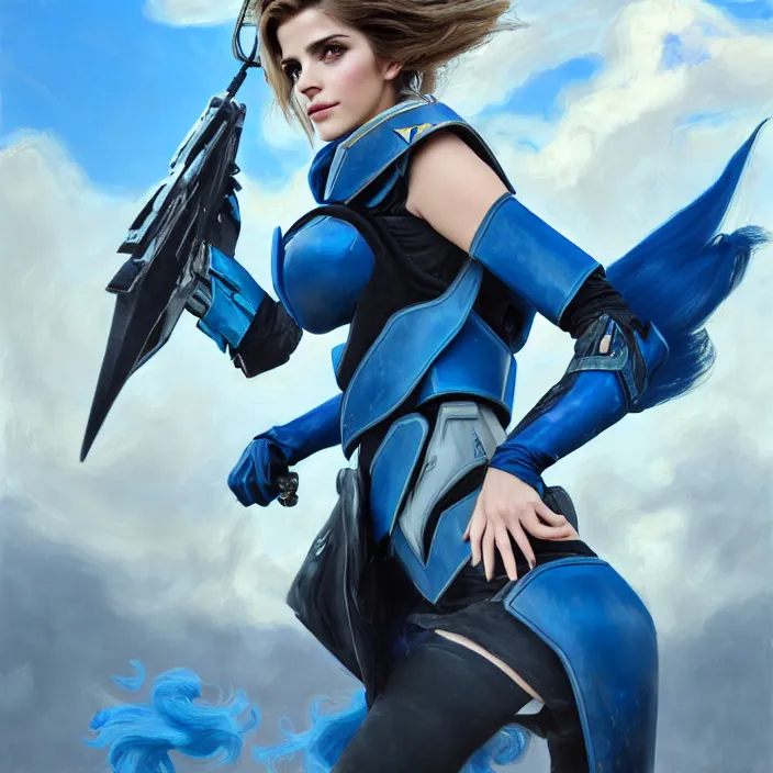 Image similar to portrait of a combination of Ashley Greene, Katheryn Winnick, Victoria Justice, Adriana Dxim, Grace Kelly and Emma Watson with blue hair wearing Interceptor's armor from Anthem, countryside, calm, fantasy character portrait, dynamic pose, above view, sunny day, thunder clouds in the sky, artwork by Jeremy Lipkin and Giuseppe Dangelico Pino and Michael Garmash and Rob Rey and Greg Manchess and Huang Guangjian, very coherent asymmetrical artwork, sharp edges, perfect face, simple form, 100mm