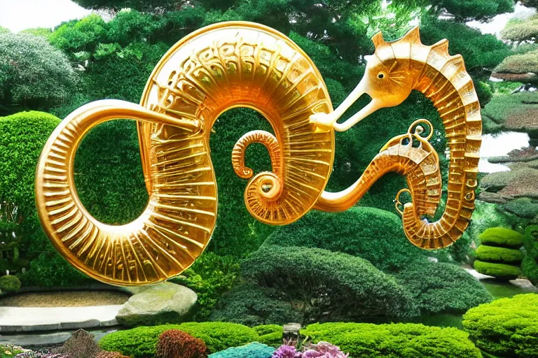 Prompt: a huge flock of many intricate elegant french horn tuba cloud seahorse sculptures, art nouveau japanese garden environment, soothing, milky way, award winning art, epic dreamlike fantasy landscape, ultra realistic,