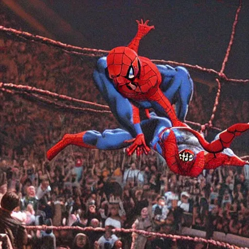 Prompt: a beautiful scenic rendition of nineteen ninety eight when the undertaker threw mankind off of hell in a cell, and plummeted sixteen feet through an announcer's table, 8 k, hyper realistic, wide angle, spiderman is there too