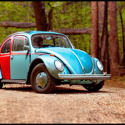 Prompt: promotional scifi - blockbuster movie scene of a ladybug imitating a'glossy volkswagen beetle '. it wings and is flying down a dusty backroad along a gentle creek in smokey mountains tennessee. cinematic, muted dramtic color, 4 k, imax, 7 0 mm, hdr