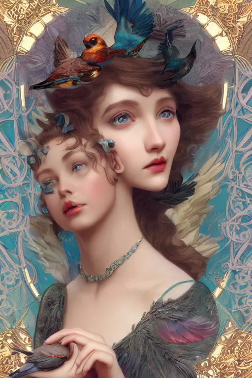 Image similar to extremely beautiful face closeup, 3 d render of english princess holding birds, ornaments, mucha vibe, dieselpunk, solarpunk, artstation, gorgeous, elegant, graceful