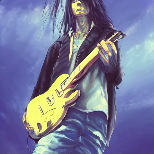 Prompt: guitarrist buckethead, Artwork by Makoto Shinkai, 4k, pixiv, digital artwork, high quality