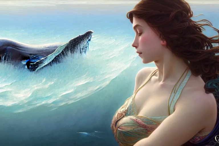 Prompt: painting of a panorama distance view of under the water, wearing beautiful clothes, hyper detailed cg rendering of a cute girl and whale, elegant, highly detailed, digital painting, artstation, concept art, smooth, sharp focus, illustration, art by artgerm and greg rutkowski and alphonse mucha, 8 k