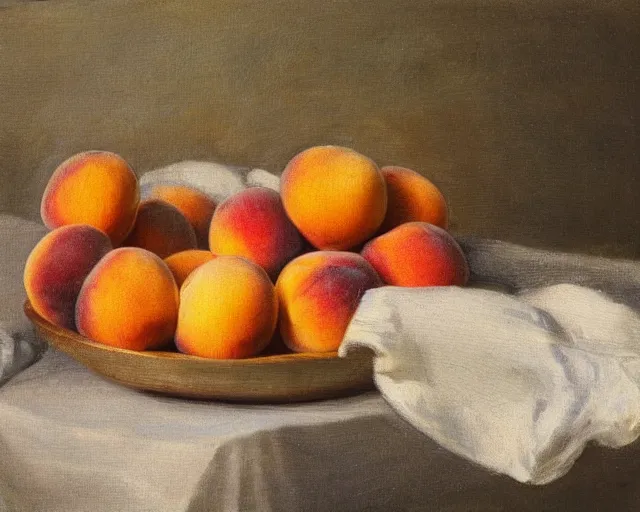 Prompt: three peaches, three apricots and three plums lie in a wooden bowl on a table with a red tablecloth, in the style of impressionism