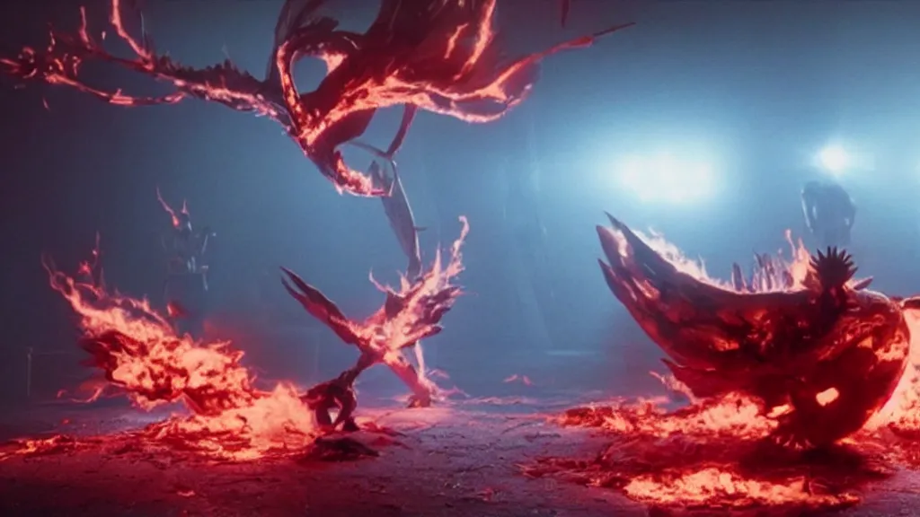 Image similar to a giant pokemon made of blood and fire floats through the living room, film still from the movie directed by Denis Villeneuve with art direction by Salvador Dalí, wide lens