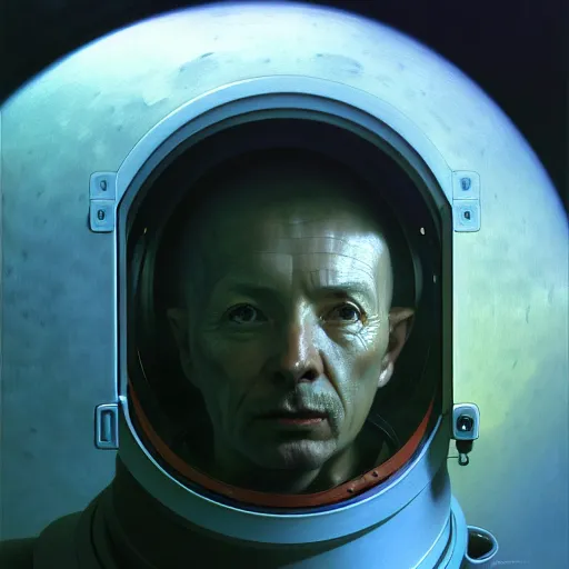 Image similar to detailed character concept art portrait of an astronaut floating in an empty chamber, artstation, award - winning realistic sci - fi concept art by zdzisław beksinski and greg rutkowski, jim burns, a realism masterpiece, james gilleard, bruegel, alphonse mucha, and yoshitaka amano