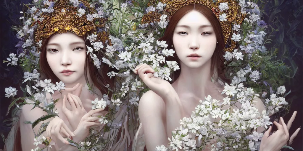 Prompt: breathtaking detailed concept art portrait painting of the goddess of white flowers, orthodox saint, with anxious, piercing eyes, ornate background, amalgamation of leaves and flowers, by Hsiao-Ron Cheng, James jean, Miho Hirano, Hayao Miyazaki, extremely moody lighting, 8K