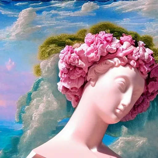 Image similar to award winning masterpiece with incredible details, a surreal gigantic marble bust vaporwave vaporwave vaporwave vaporwave vaporwave painting by Thomas Cole of an old pink mannequin head with flowers growing out, sinking underwater, highly detailed, reality is an illusion