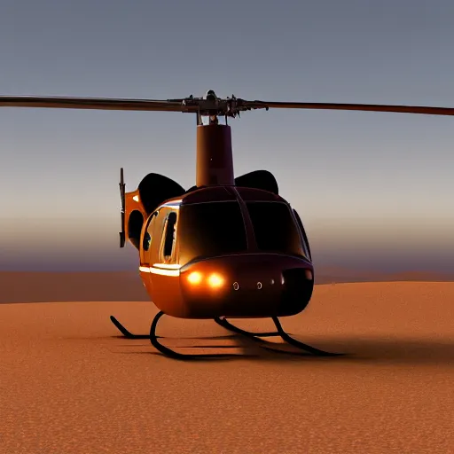 Prompt: Bell UH-1 Helicopter flying over the desert at dawn high detail realistic octane render accurate