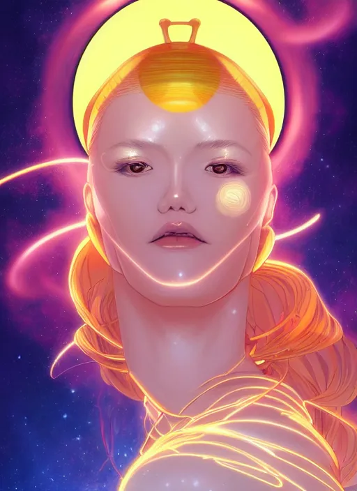 Image similar to a golden woman 2/3 figurative anime portrait, in space, head breaking apart and spiraling geometry into the sky upwards into another dimension, lazer light beaming down to top of her head, by james jean, artgerm, featured in artstation, elegant, Moebius, Greg rutkowski